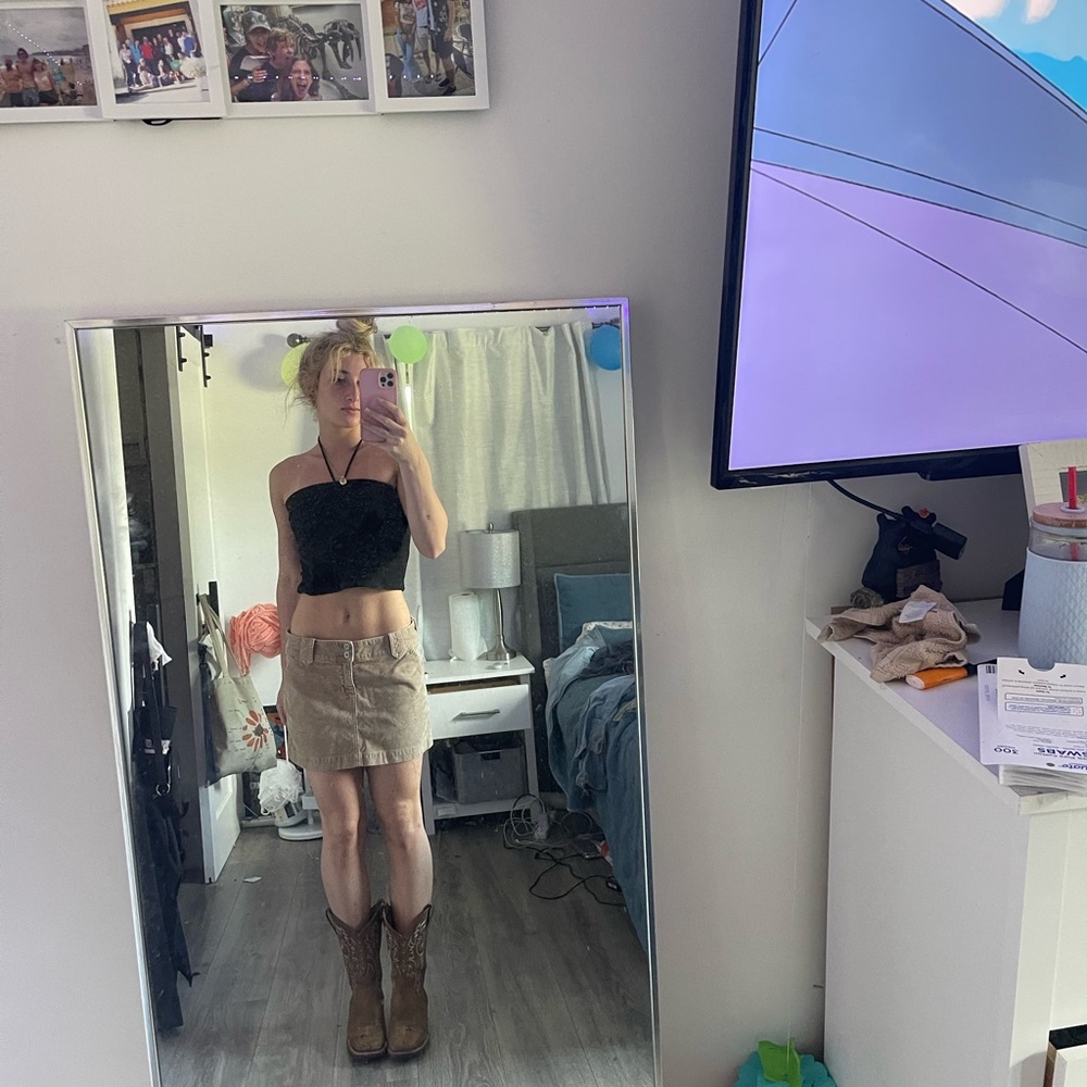 Black Tube Top and Tan Skirt Outfit